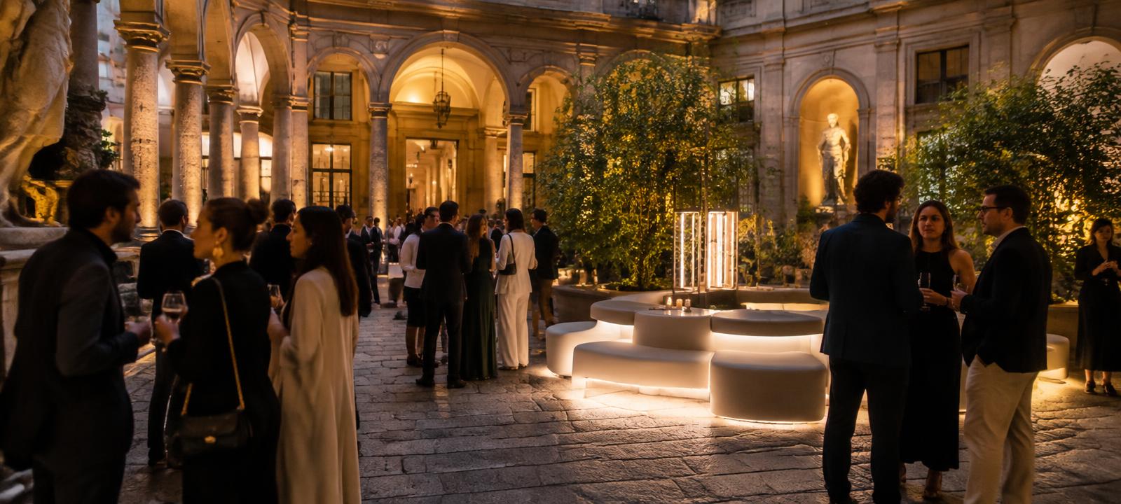 Evening design-week event in a Milan palazzo courtyard