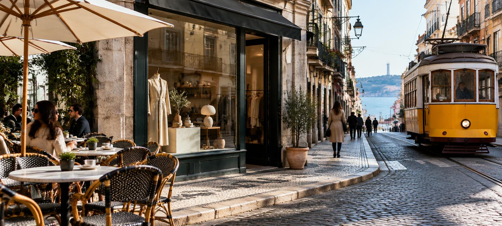 European street with café terrace, concept store and tram