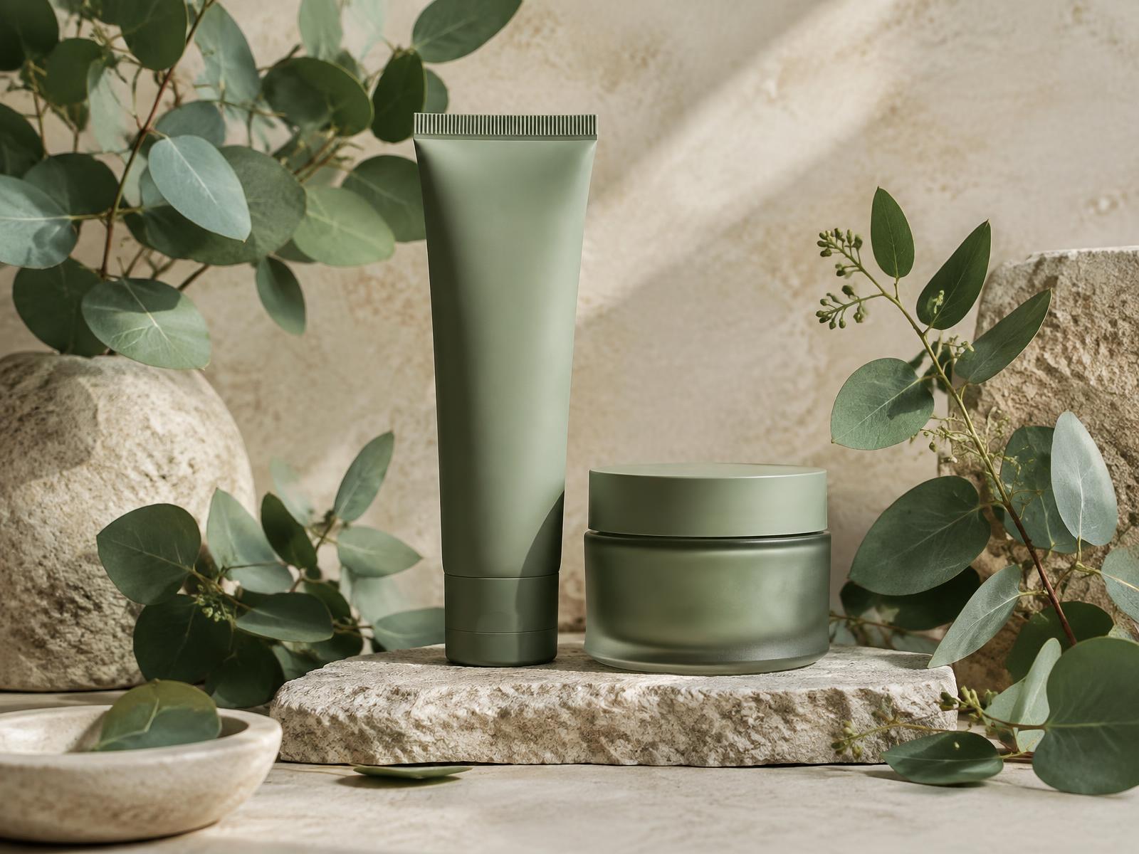 AI-generated botanical skincare still life, not a Calmilene campaign frame