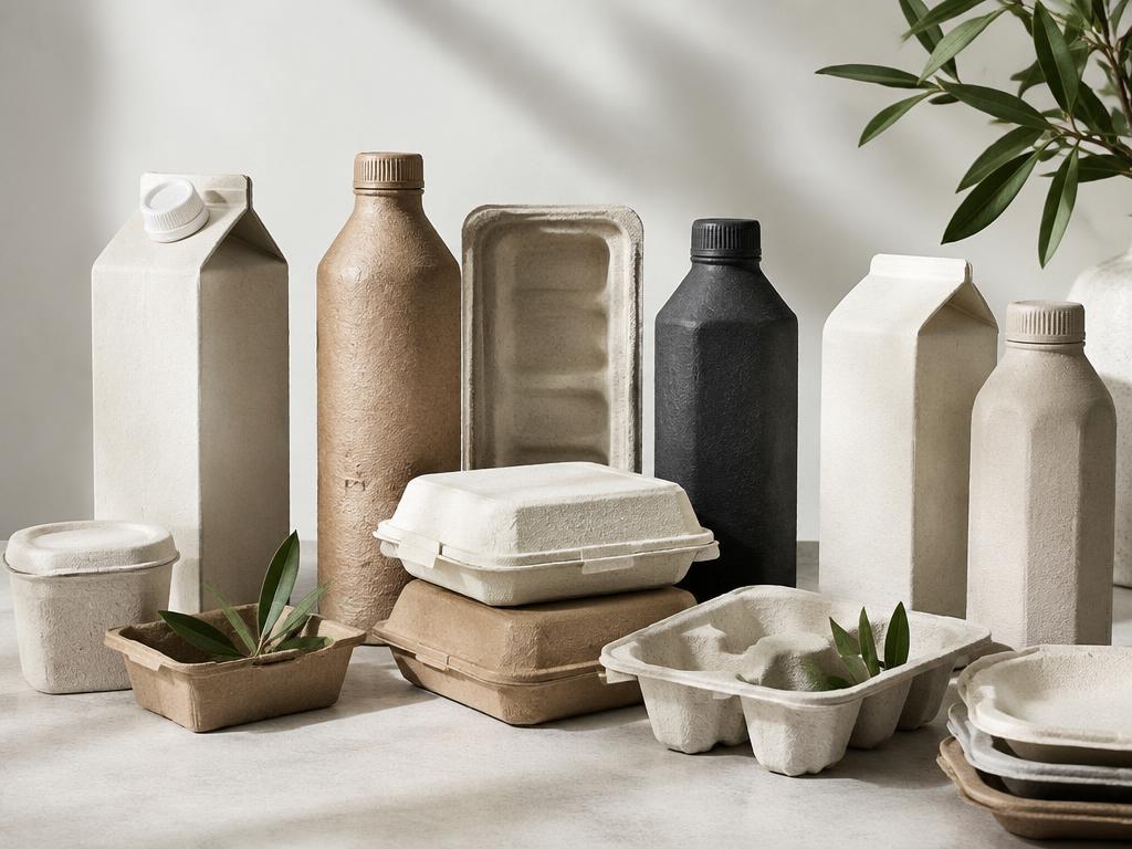 AI-generated sustainable paper packaging still life, not a Papkot product photograph