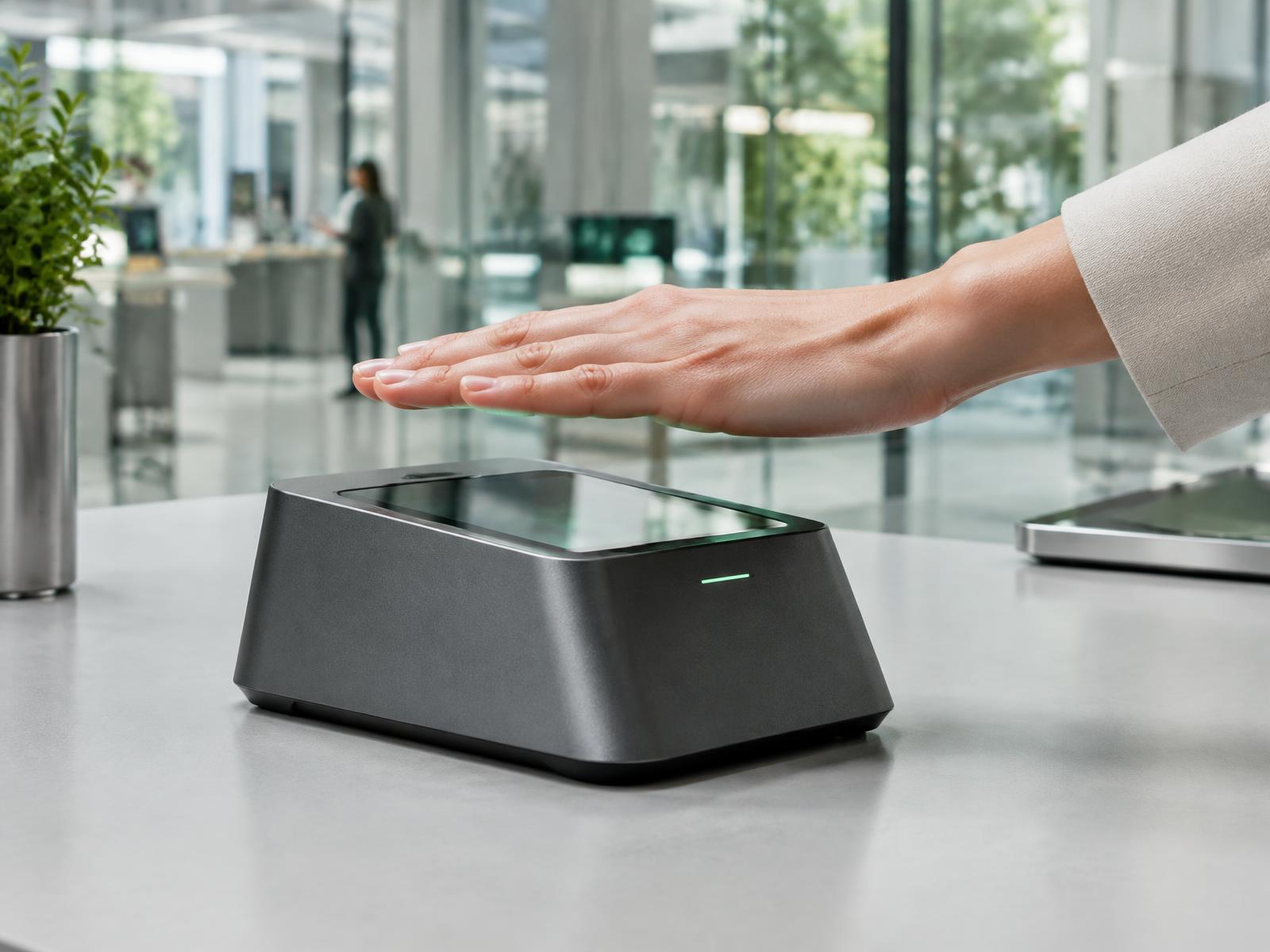 AI-generated illustration of palm-recognition payment technology, not a Deptrum product photograph