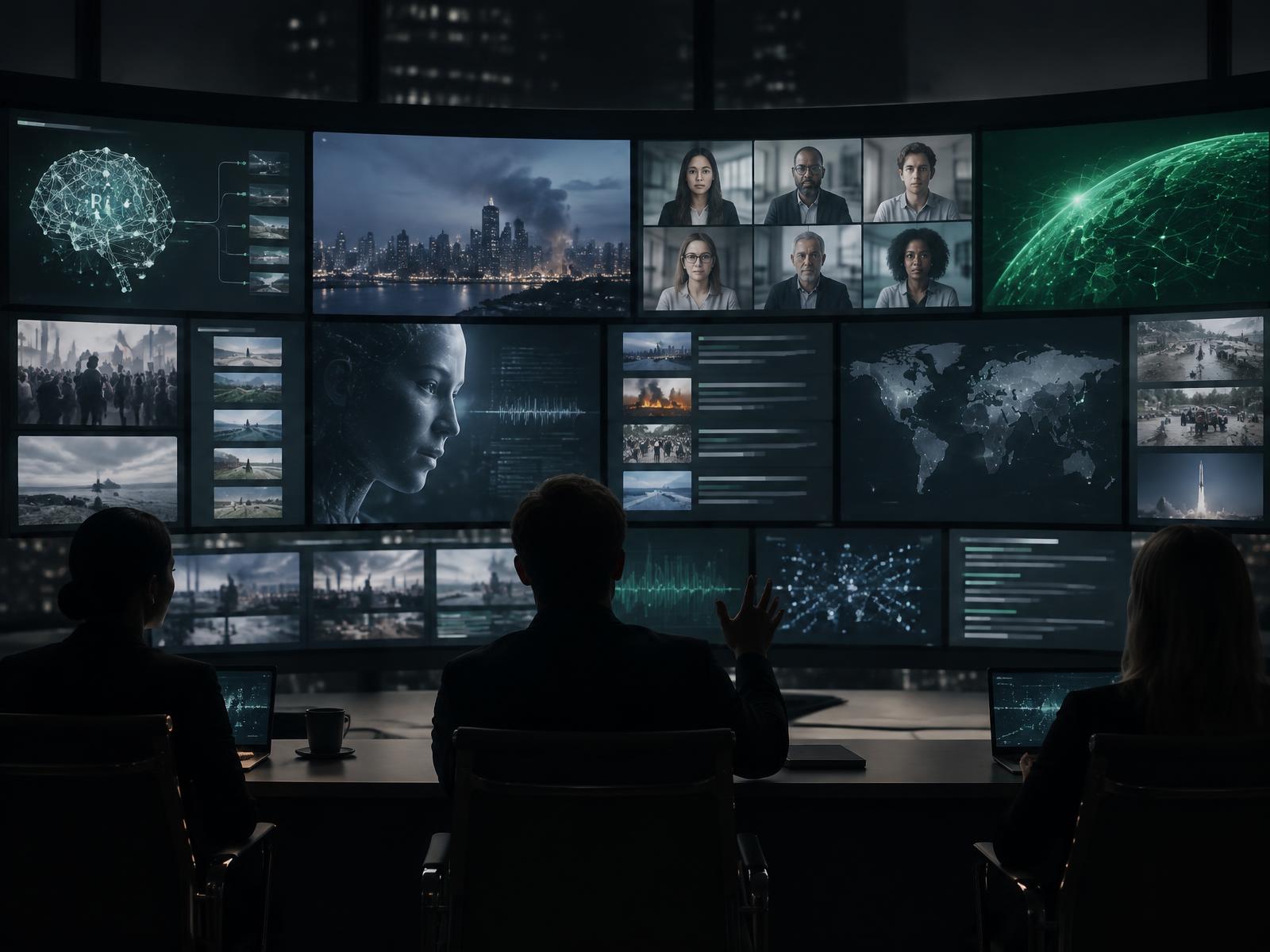 AI-generated illustration of a media monitoring and launch control room